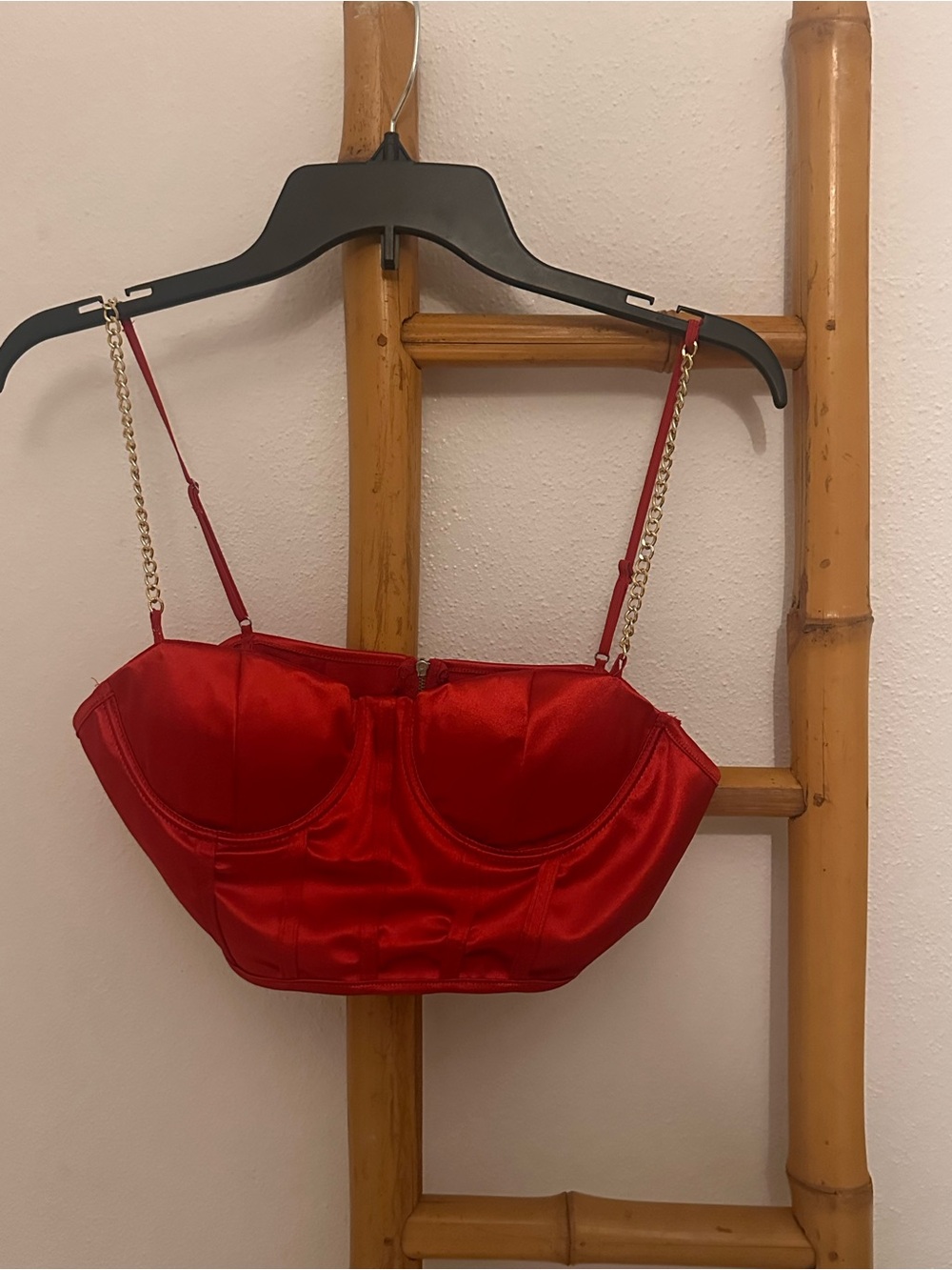 & Other Stories Red Satin Bustier with Gold Chain Straps